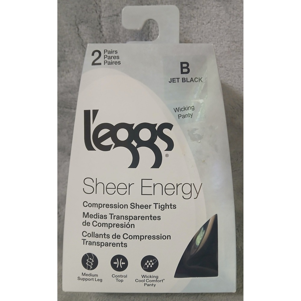 Leggs Sheer Energy‎ Compression Tights 2 Pairs Jet Black Sz B Control Top LSE120